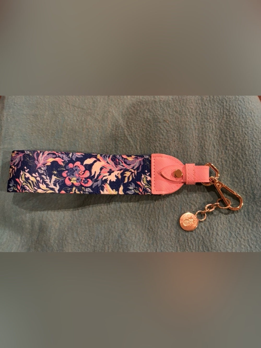 Simply Southern Navy Floral Key Wristlet with Pink Trim